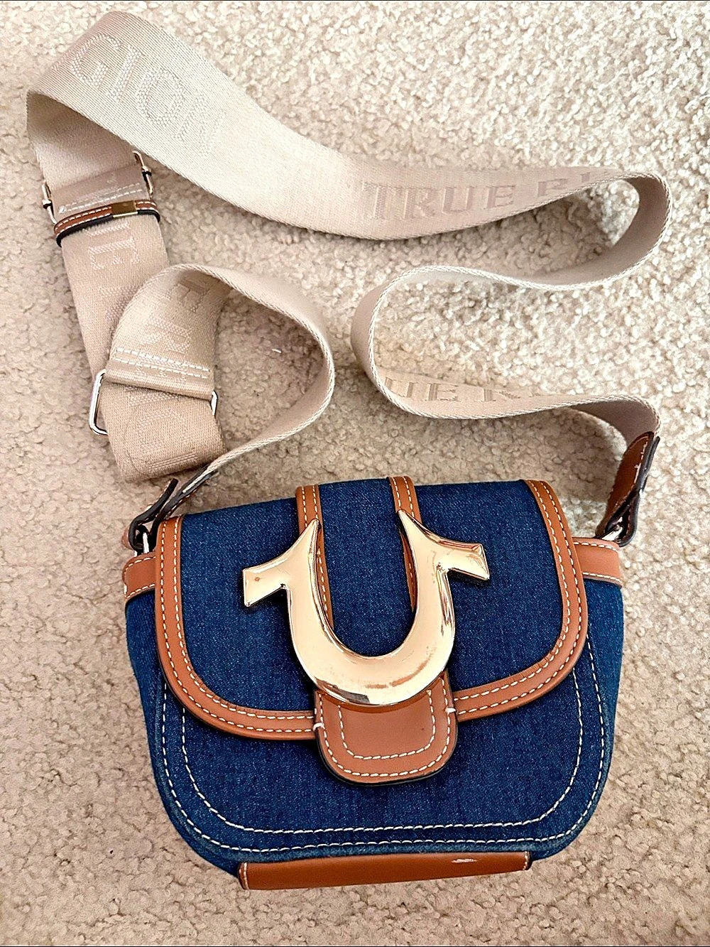 True Religion Denim Horseshoe Logo Saddle Crossbody Bag Blue & Brown
